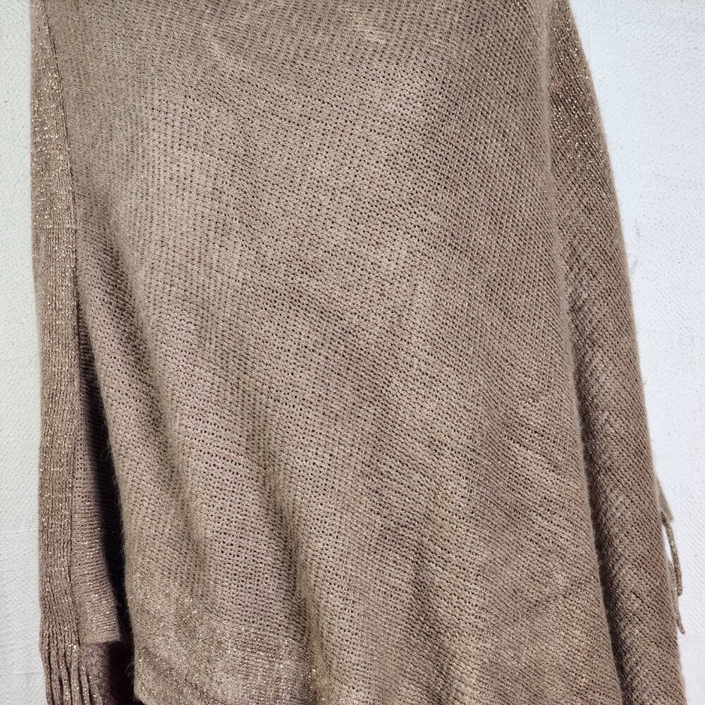 Unbranded Womens Dark Tan with Gold Metallic Trim Acrylic Sweater Poncho OSFM - Picture 6 of 16